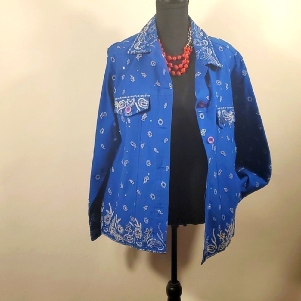 Quacker Factory Blue Handkerchief Print Sequins Jacket Button Size M - Picture 4 of 15